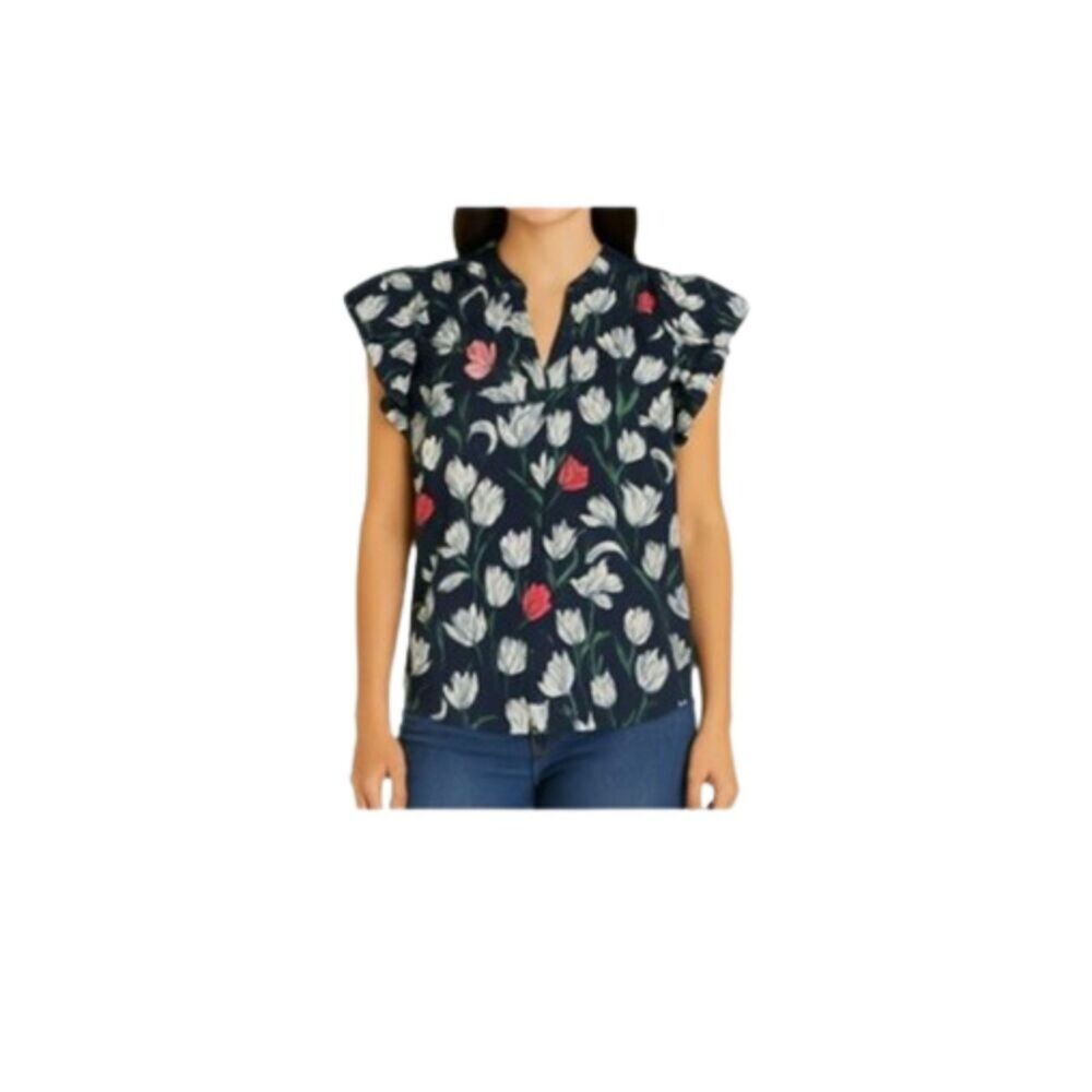 Trovata Cotton Silk Morning Tulip Print Blouse M Flutter Sleeve Navy